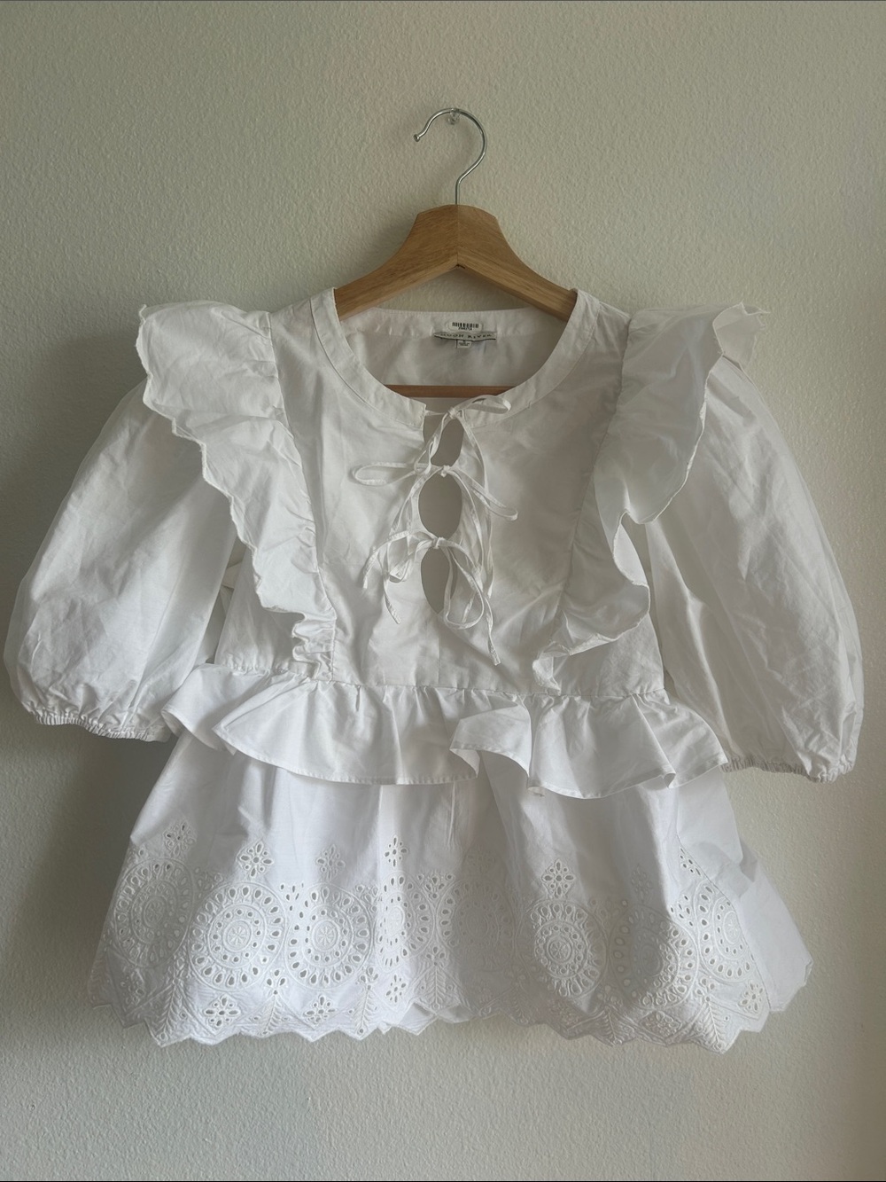 Moon River White Eyelet Ruffle Tie-Front Peplum Top for Girls